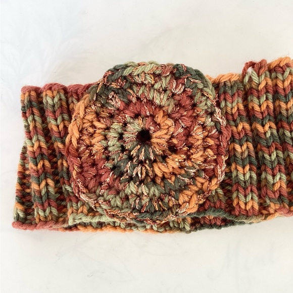 Headband Earwarmer Hand Crafted Multicolor Green Rust Bronze Orange Glitter Knit - Picture 9 of 15